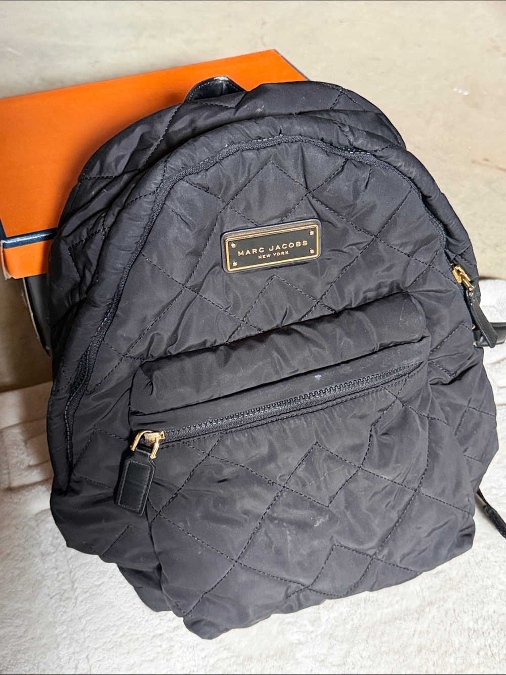 Marc Jacobs Quilted Black Nylon Backpack with Gold Plaque